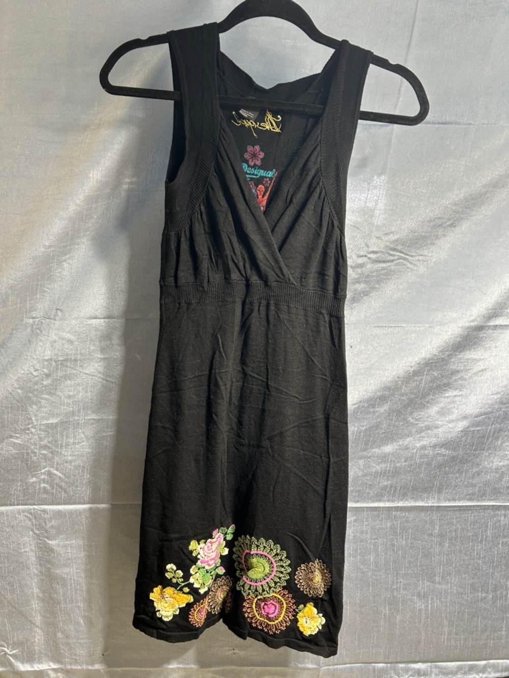 Desigual Black Sleeveless Embroidered  Dress with Multicolor Floral Accents